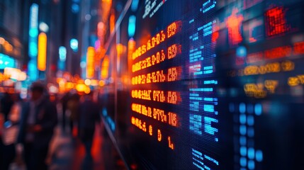 Obraz premium Photo of a bustling stock exchange with traders and electronic boards displaying stock prices, clearly conveying the dynamic and fast-paced nature of financial markets.