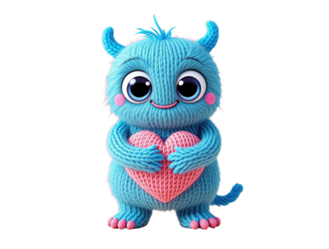 Blue knitted monster holding a heart, isolated on a transparent background - Powered by Adobe