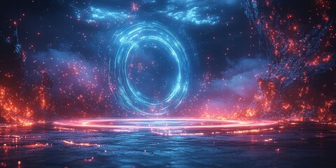 Mystical portal surrounded by glowing energy in a fantastical environment at twilight