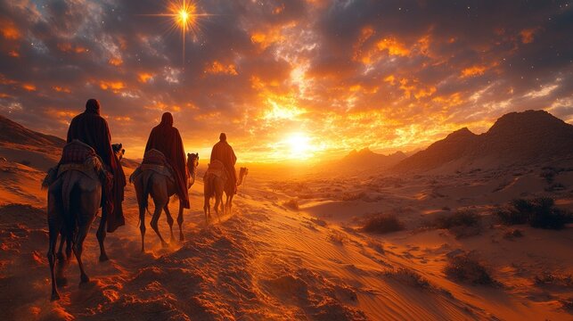 Majestic desert sunset with silhouetted camel riders and stunning sky - Powered by Adobe