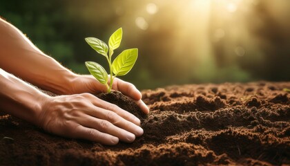 hands planting seedling in fresh soil