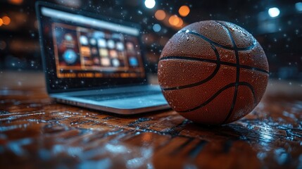 Basketball basketball on wooden court in front of laptop showing online sports betting