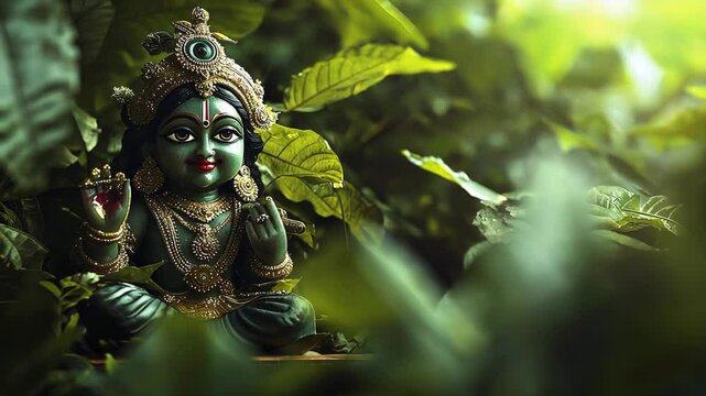 Serene statue of Krishna adorned with jewels amidst vibrant green foliage in a tranquil garden setting
