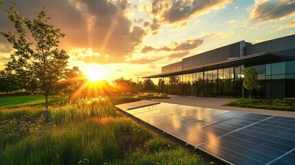 Fototapeta premium Sunset illuminates modern building, solar panels, and landscape.