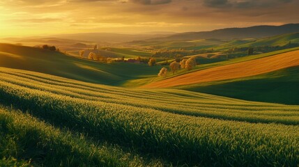 Obraz premium panorama of romania countryside at sunset in evening light. wonderful springtime landscape in mountains. grassy field and rolling hills. rural scenery