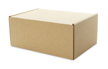 One closed cardboard box isolated on white. Mockup for design