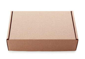 One closed cardboard box isolated on white. Mockup for design