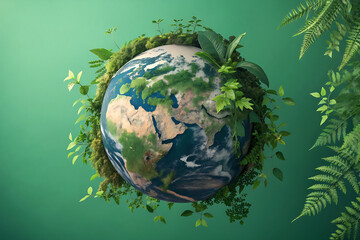 Fototapeta premium Earth covered by leaves and plants against green background
