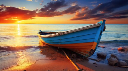 Fototapeta premium Tranquil sunset on the coast, with boat and car near the water.