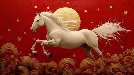 A majestic white horse leaping, with a golden sun setting in the background.