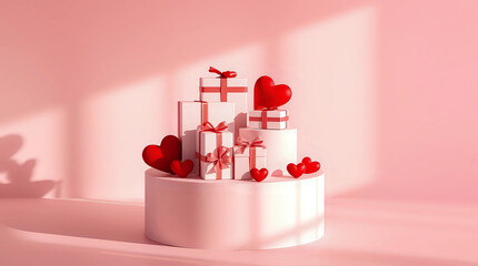 Cylinder pedestal podium,gift boxes and red hearts. Valentine scene for products showcase