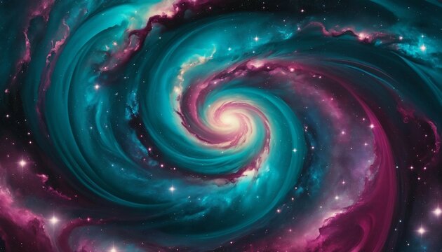 Dreamy galaxy swirls of deep teal and magenta, surrounded by glimmering starlight