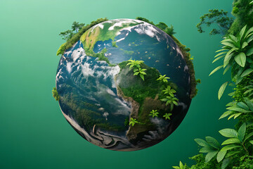 Fototapeta premium Earth covered by leaves and plants against green background