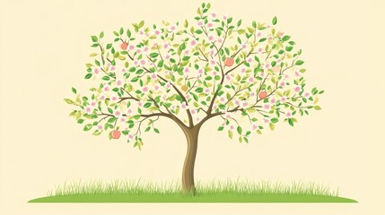 Blooming apple tree, spring, garden, pastel background, illustration
