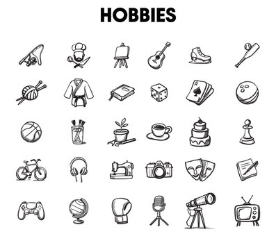Hand-drawn doodle icons depicting various hobbies and leisure activities in a creative style