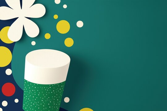 St. Patrick's Day design - green beer, lucky clover, Shamrock leaf on green Background for Holiday flyer. Minimal design, copy space for text.