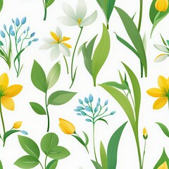 Seamless spring floral patterns with flowers set. Abstract flowers on white background print ornament design. Flowers, leaves decorative retro wallpaper background flat style illustration collection