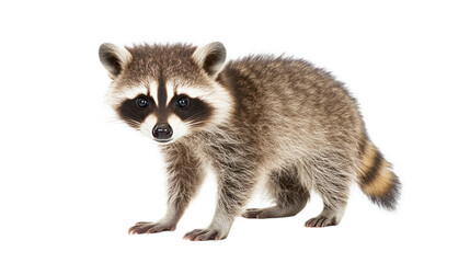 Obraz premium Adorable raccoon with fluffy fur and distinctive facial markings cautiously exploring its surroundings against a bright white background