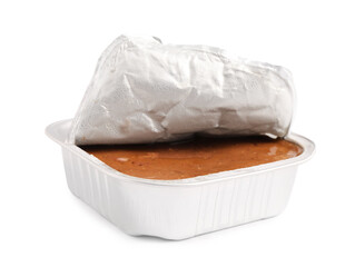 Wet pet food in foil container isolated on white