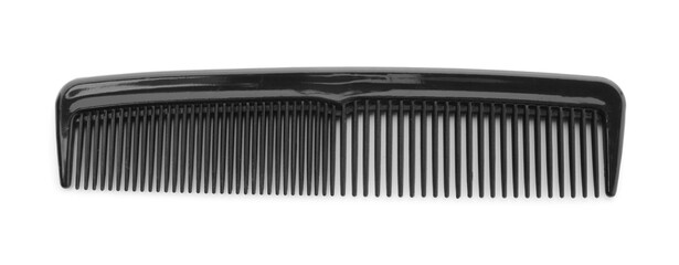 One black plastic comb isolated on white, top view