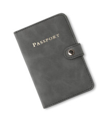 Passport in grey cover isolated on white, top view