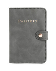 Passport in grey cover isolated on white