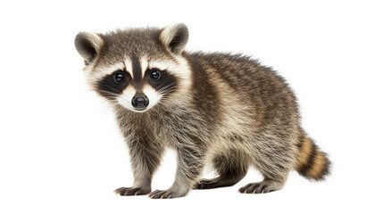 Obraz premium Cute and Playful Young Raccoon Standing Upright with Adorable Expression in Isolated White Background Perfect for Wildlife Photography or Animal Themed Projects