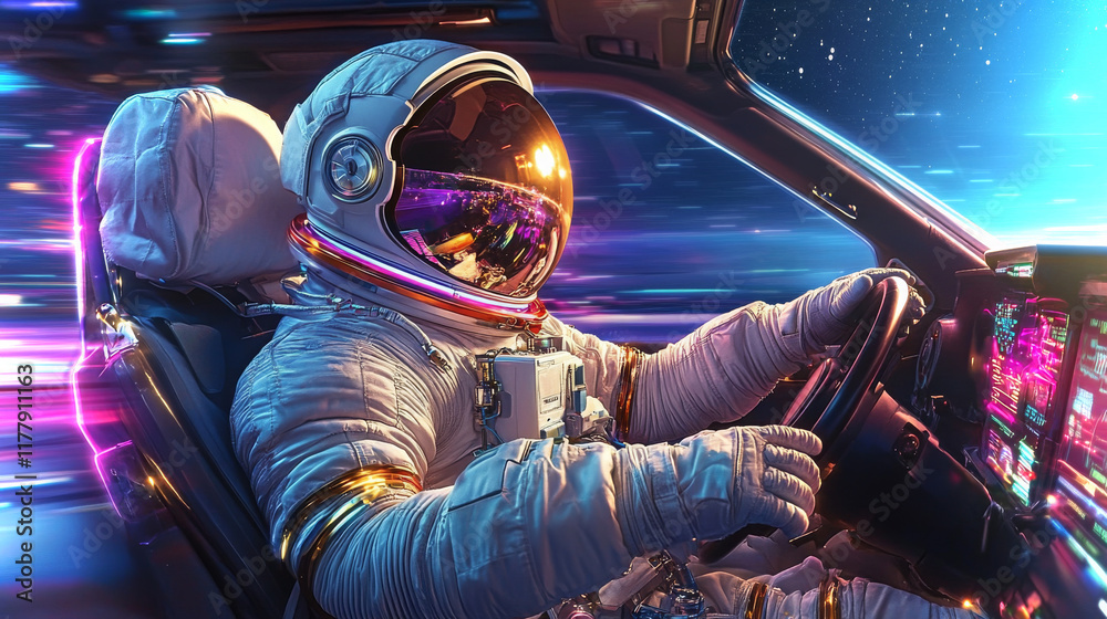 Poster astronaut operates control interface in futuristic vehicle during deep space simulation