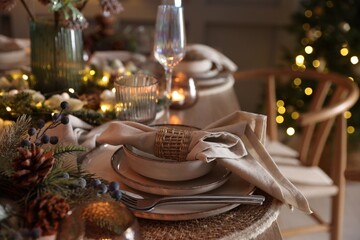 Christmas place setting with festive decor on table in room, closeup