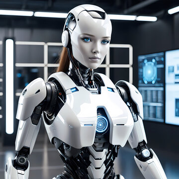 Humanoid female robot activating digital hub, artificial intelligence technology concept, futuristic illustration wallpaper 