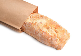 Paper bag with fresh baguette isolated on white