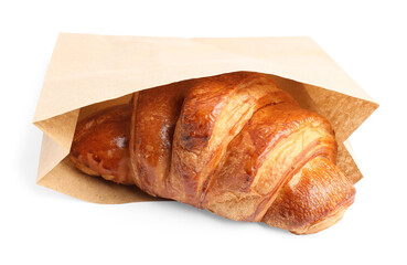 Paper bag with fresh croissant isolated on white