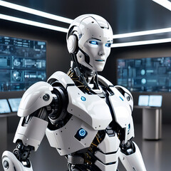 Humanoid male robot activating digital hub, artificial intelligence technology concept, futuristic illustration wallpaper 