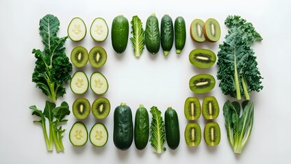 Fresh green vegetables and fruits arranged neatly on a clean white background with empty space for branding. Vibrant green leafy vegetables like kale and spinach, paired with sliced cucumbers and kiwi