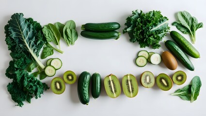 Fresh green vegetables and fruits arranged neatly on a clean white background with empty space for branding. Vibrant green leafy vegetables like kale and spinach, paired with sliced cucumbers and kiwi