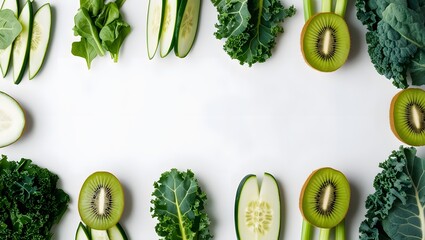 Fresh green vegetables and fruits arranged neatly on a clean white background with empty space for branding. Vibrant green leafy vegetables like kale and spinach, paired with sliced cucumbers and kiwi