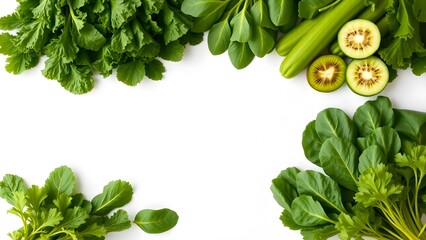 Fresh green vegetables and fruits arranged neatly on a clean white background with empty space for branding. Vibrant green leafy vegetables like kale and spinach, paired with sliced cucumbers and kiwi