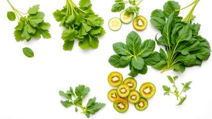 Fresh green vegetables and fruits arranged neatly on a clean white background with empty space for branding. Vibrant green leafy vegetables like kale and spinach, paired with sliced cucumbers and kiwi