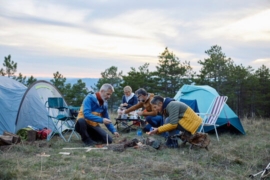 People set up a mountain camp