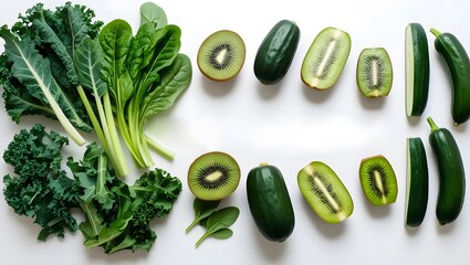 Fresh green vegetables and fruits arranged neatly on a clean white background with empty space for branding. Vibrant green leafy vegetables like kale and spinach, paired with sliced cucumbers and kiwi