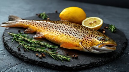 Obraz premium Fresh trout with lemon & rosemary on slate, dark background.