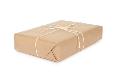 One parcel box wrapped in paper isolated on white