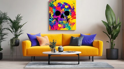 Colorful skull artwork displayed above a yellow sofa in a modern living room.
