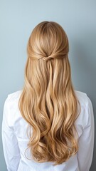Naklejka premium Elegant long blonde hair styling techniques salon tutorial video indoor close-up hair care tips