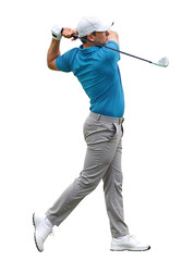 Side view of a pro male golfer in swing motion action on isolated background