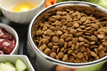 Dry pet food and natural products on grey table, closeup