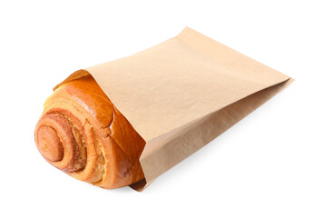 Paper bag with freshly baked bun isolated on white