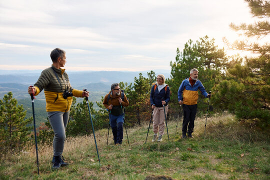 Four individuals hiking up the mountain