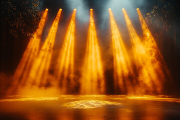 Yellow and white spotlights illuminate stage floor in a dark room, creating a dynamic and visually striking backdrop that is perfect for generating creative ideas and setting stage for a captivating