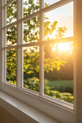 Golden Hour Tranquility Sun-Drenched Window View of Lush Green Trees in a Peaceful Garden